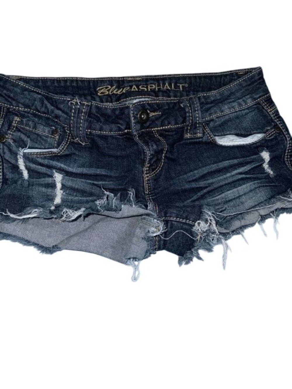 Blue Asphalt Juniors Size 9 Dark Wash Distressed Denim Cut Off Jean Shorts With